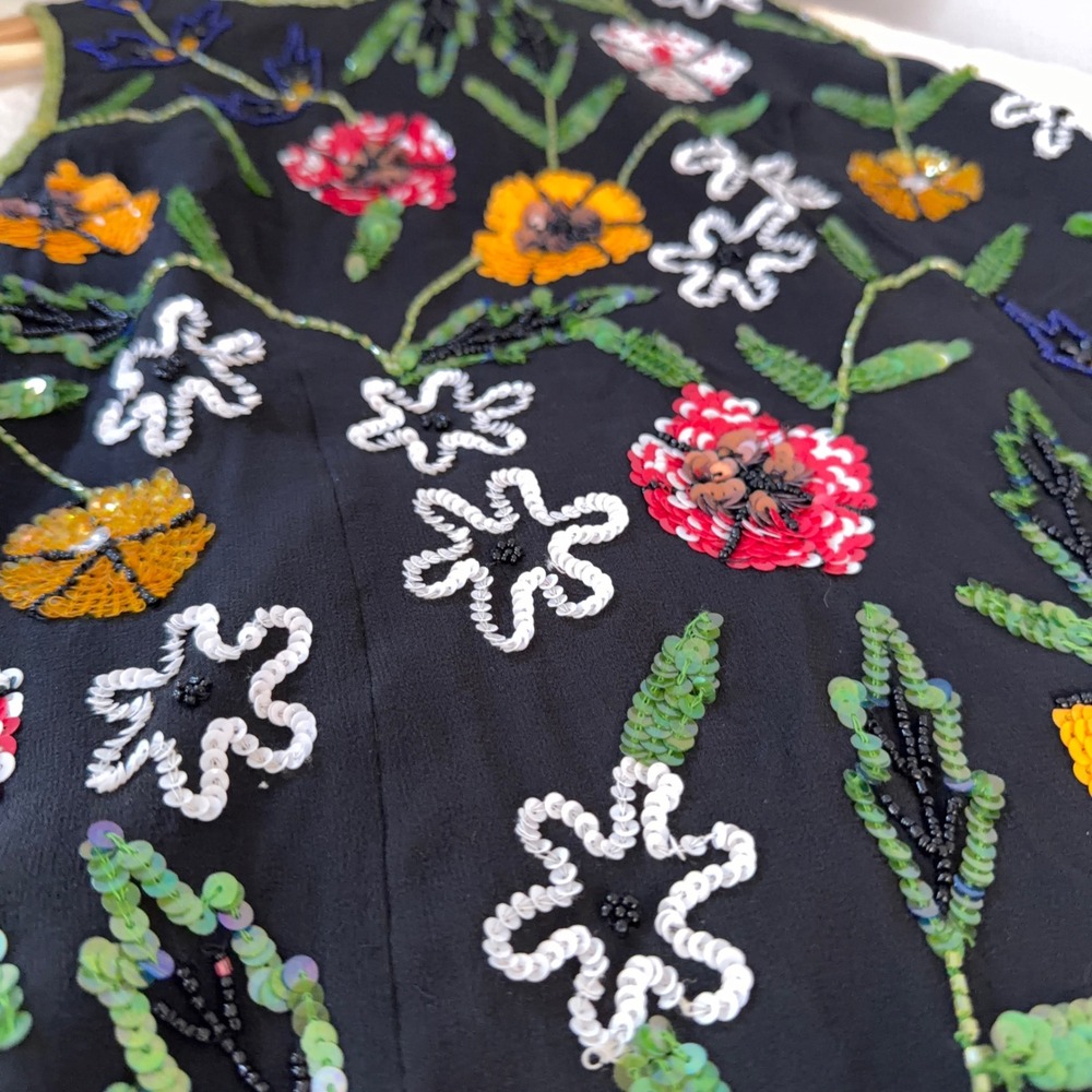 Paradise NY Vtg Vest Top 100% Silk Beaded Floral Sequin Black 90s Whimsigoth - Picture 6 of 8